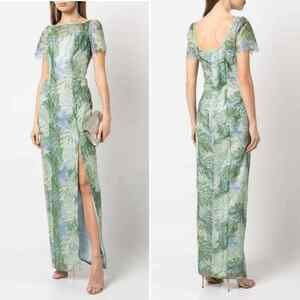 Marchesa Mint Lace Gown Leaf Embroidered Column Guipure Dress Sz 6‎ Side Slit